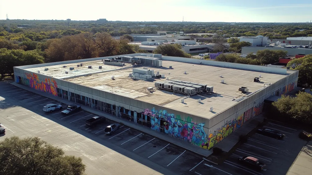 A commercial roof on a call center in a location similar to Austin with a graffiti mural aesthetic (AI image)
