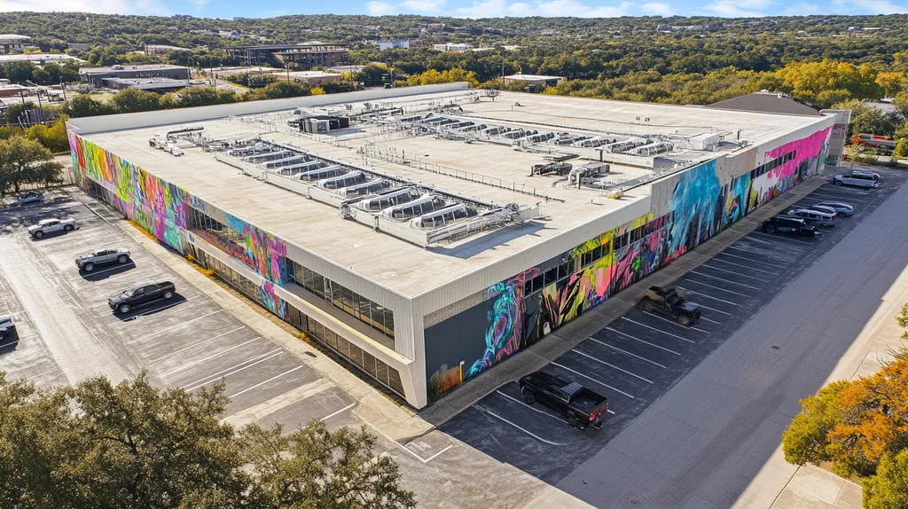 A commercial roof on a call center in a location similar to Austin with a graffiti mural aesthetic (AI image)