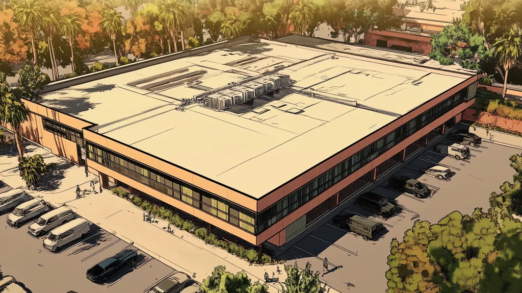 A commercial roof on a call center in a location similar to Beverly Hills with a comic book style aesthetic (AI image)