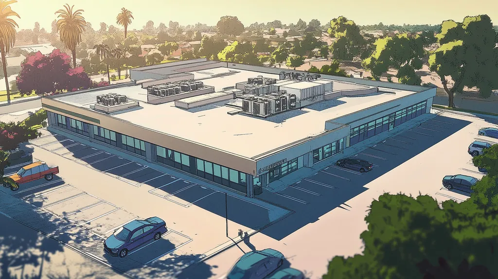 A commercial roof on a call center in a location similar to Beverly Hills with a comic book style aesthetic (AI image)