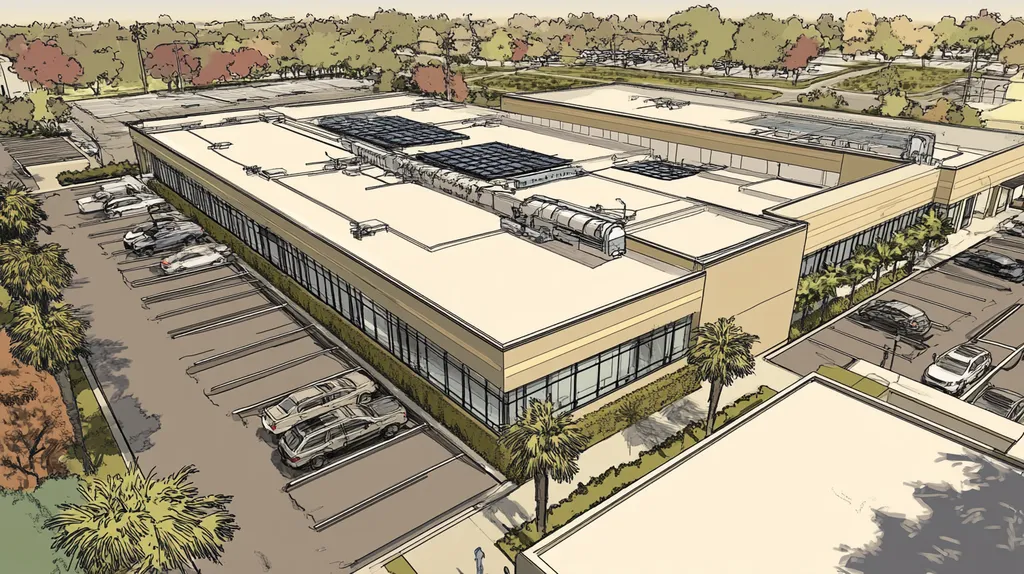 A commercial roof on a call center in a location similar to Beverly Hills with a comic book style aesthetic (AI image)