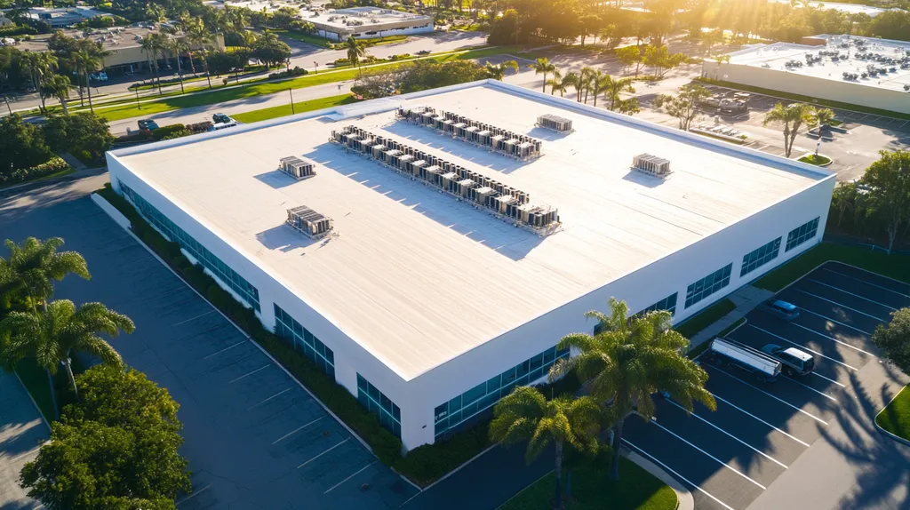 A commercial roof on a call center in a location similar to Beverly Hills with a light beams aesthetic (AI image)