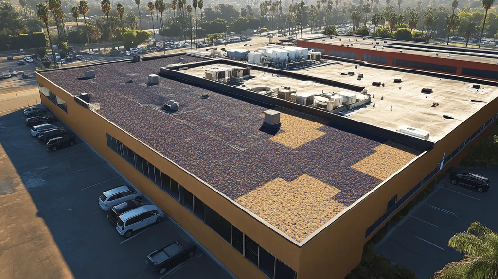 A commercial roof on a call center in a location similar to Beverly Hills with a mosaic tile art aesthetic (AI image)