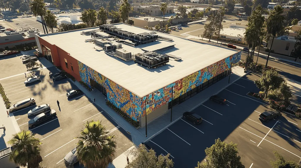 A commercial roof on a call center in a location similar to Beverly Hills with a mosaic tile art aesthetic (AI image)