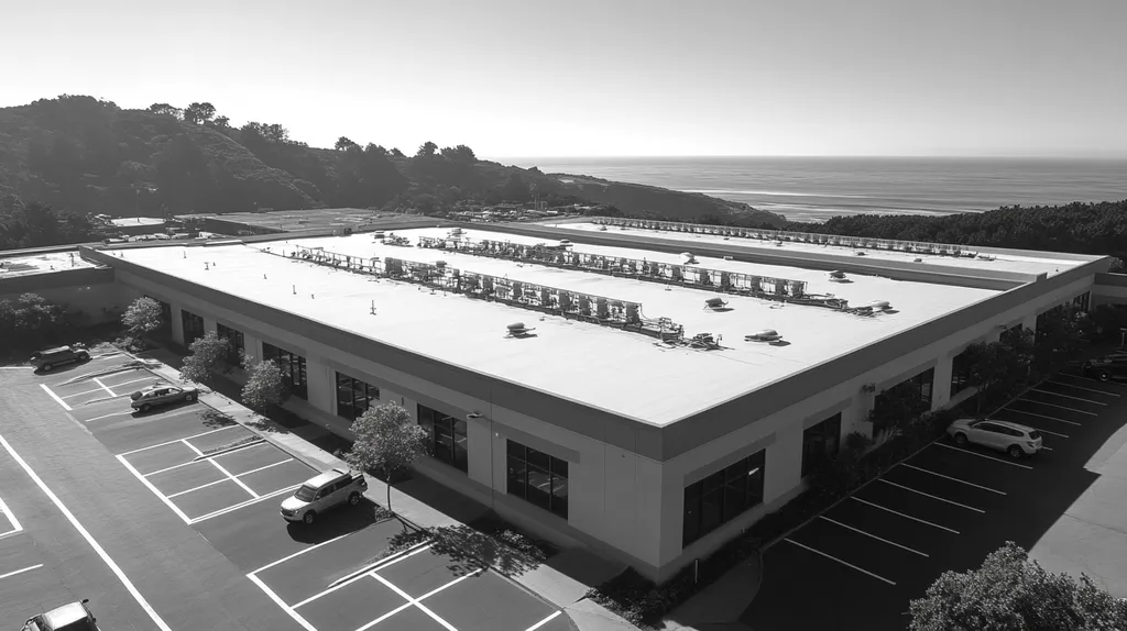 A commercial roof on a call center in a location similar to Big Sur with a black and white photography aesthetic (AI image)