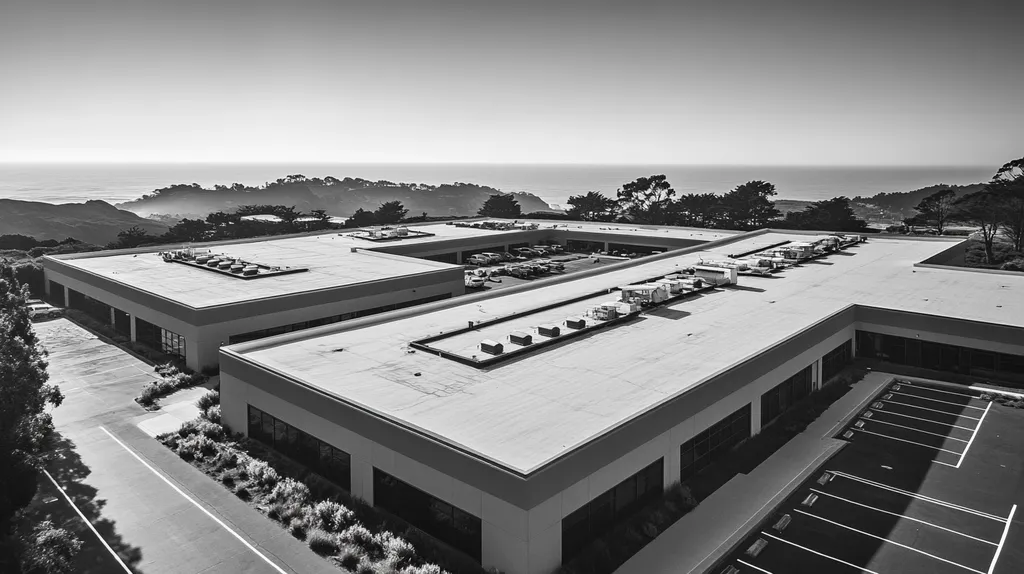 A commercial roof on a call center in a location similar to Big Sur with a black and white photography aesthetic (AI image)