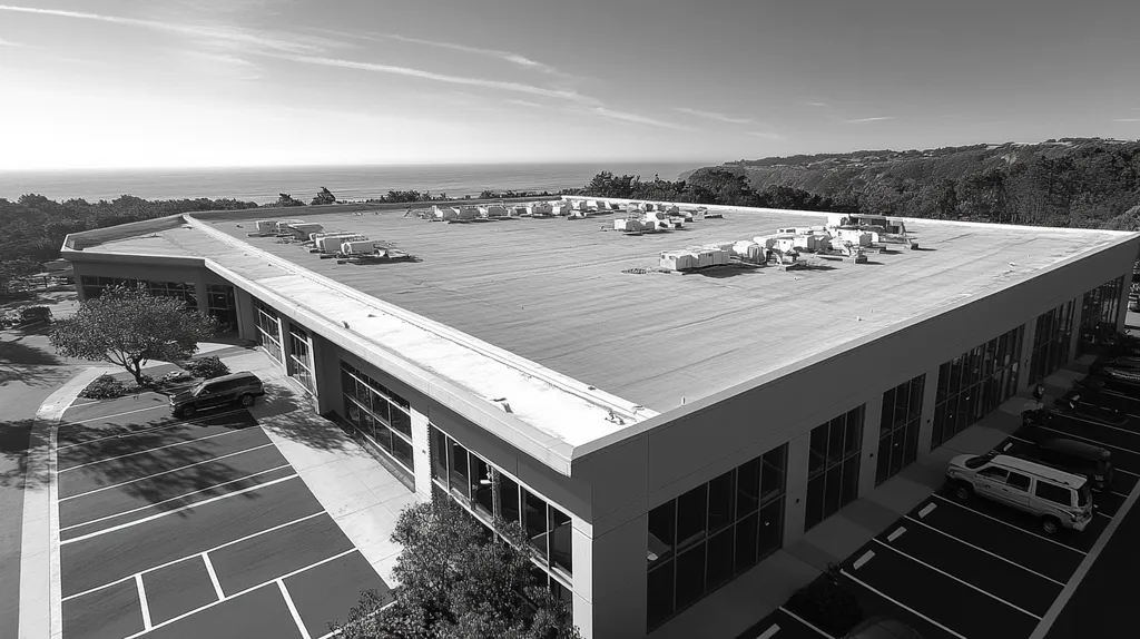 A commercial roof on a call center in a location similar to Big Sur with a black and white photography aesthetic (AI image)