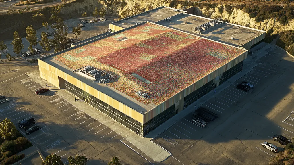 A commercial roof on a call center in a location similar to Big Sur with a mosaic tile art aesthetic (AI image)