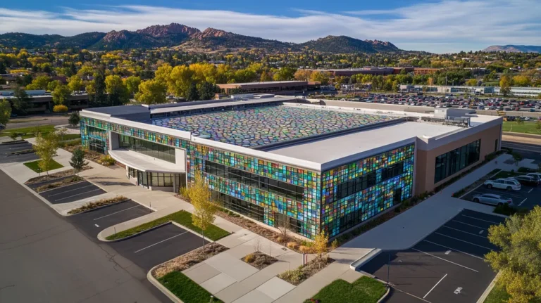 A commercial roof on a call center in a location similar to Boulder with a stained glass style aesthetic (AI image)