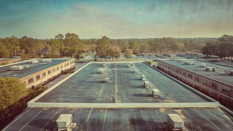 A commercial roof on a call center in a location similar to Charleston with a Polaroid aesthetic (AI image)