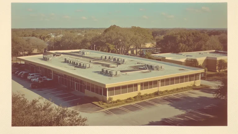 A commercial roof on a call center in a location similar to Charleston with a Polaroid aesthetic (AI image)
