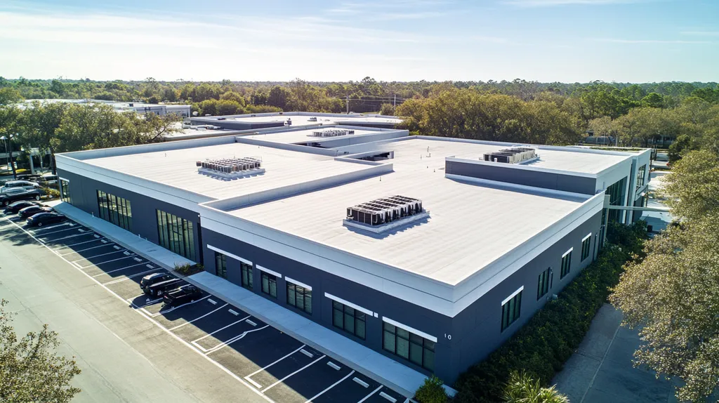 A commercial roof on a call center in a location similar to Charleston with an architectural photography aesthetic (AI image)