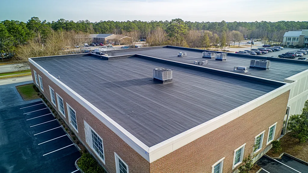 A commercial roof on a call center in a location similar to Charleston with an architectural photography aesthetic (AI image)