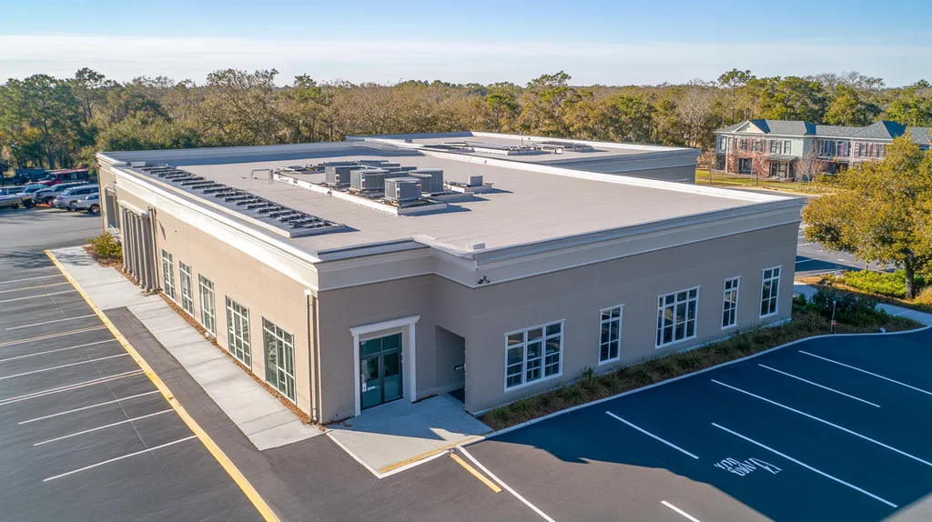A commercial roof on a call center in a location similar to Charleston with an architectural photography aesthetic (AI image)