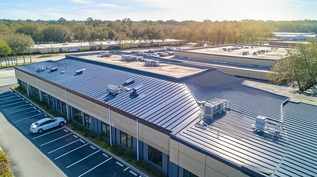 A commercial roof on a call center in a location similar to Charleston with a light beams aesthetic (AI image)