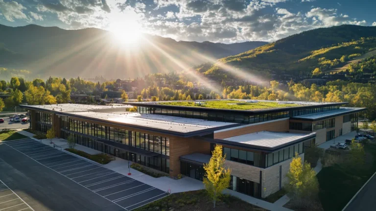 A commercial roof on a community recreation center in a location similar to Aspen with a light beams aesthetic (AI image)