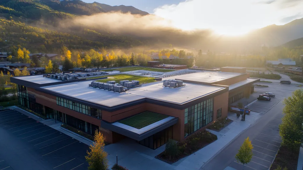 A commercial roof on a community recreation center in a location similar to Aspen with a light beams aesthetic (AI image)