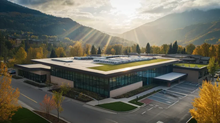 A commercial roof on a community recreation center in a location similar to Aspen with a light beams aesthetic (AI image)