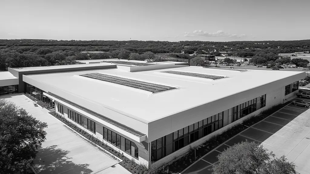 A commercial roof on a community recreation center in a location similar to Austin with a black and white photography aesthetic (AI image)