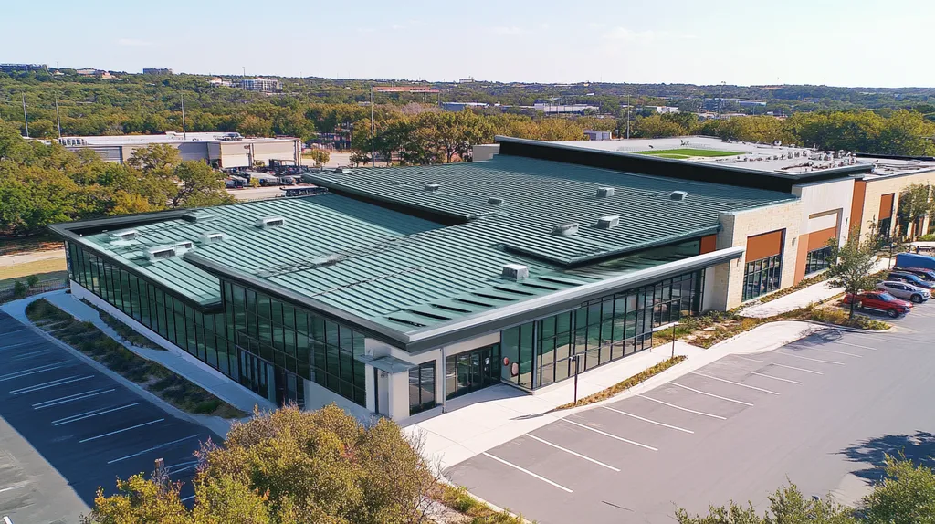 A commercial roof on a community recreation center in a location similar to Austin with a comic book style aesthetic (AI image)