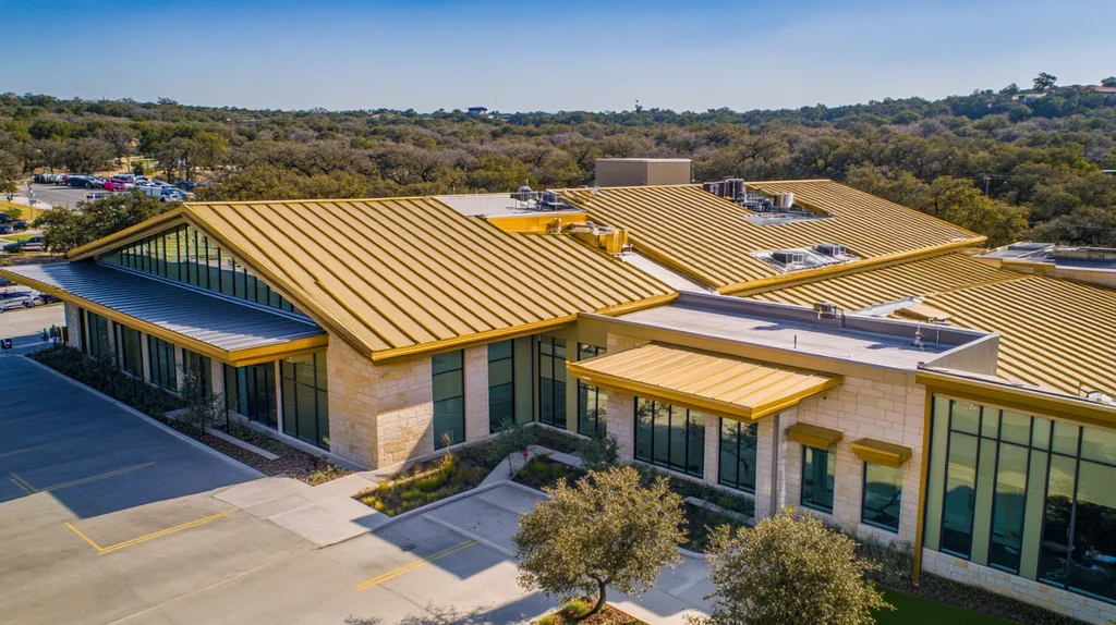 A commercial roof on a community recreation center in a location similar to Austin with a solid gold aesthetic (AI image)