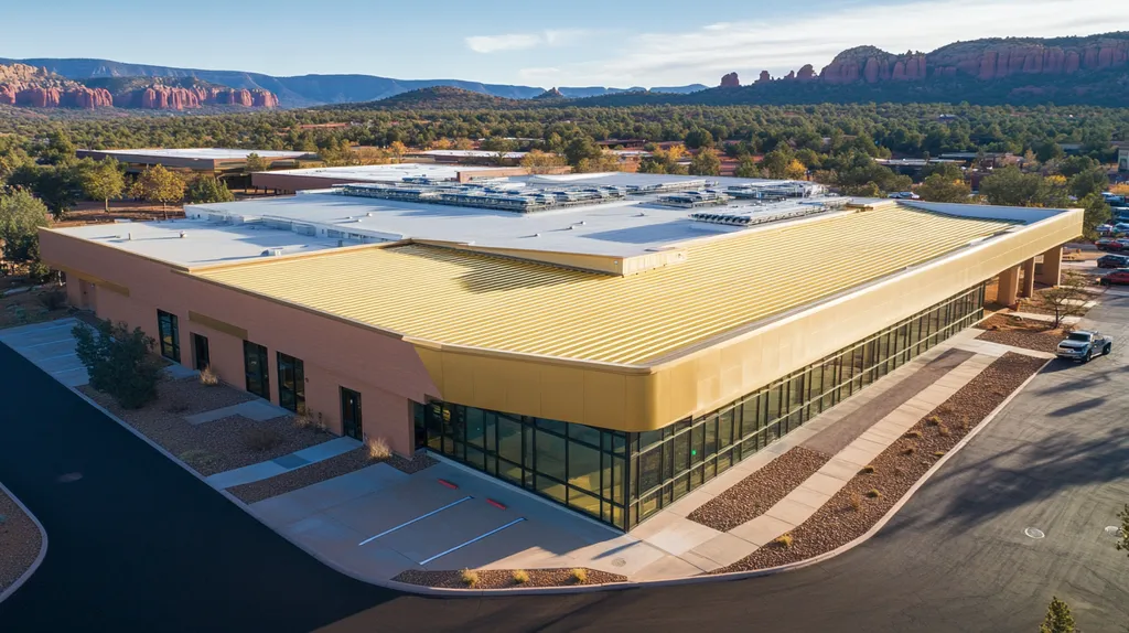 A commercial roof on a community recreation center in a location similar to Sedona with a solid gold aesthetic (AI image)