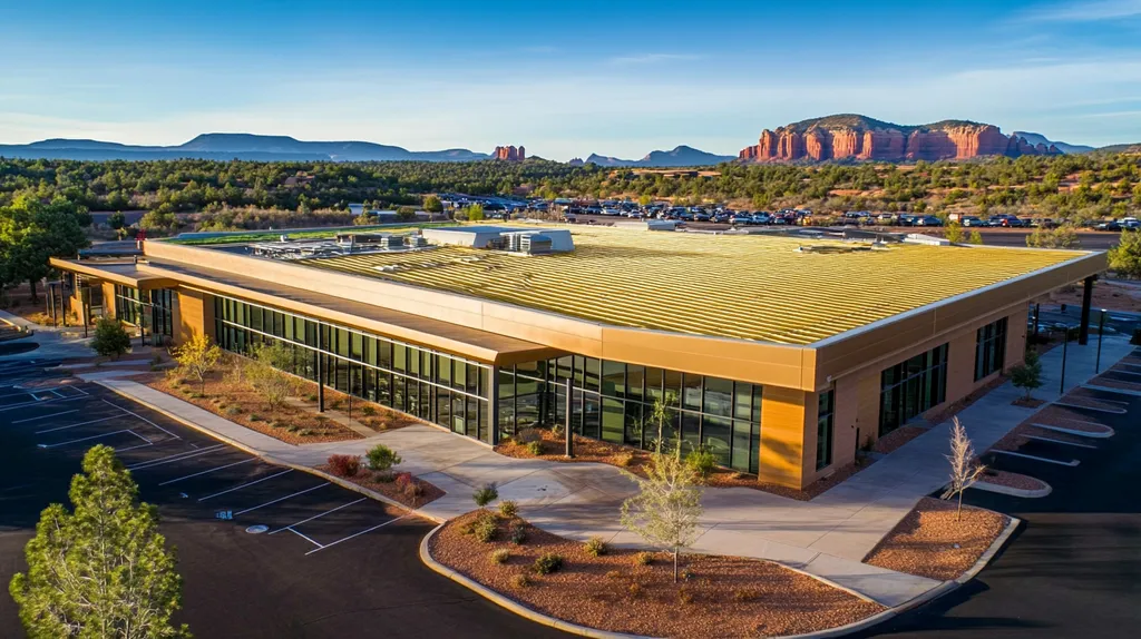 A commercial roof on a community recreation center in a location similar to Sedona with a solid gold aesthetic (AI image)