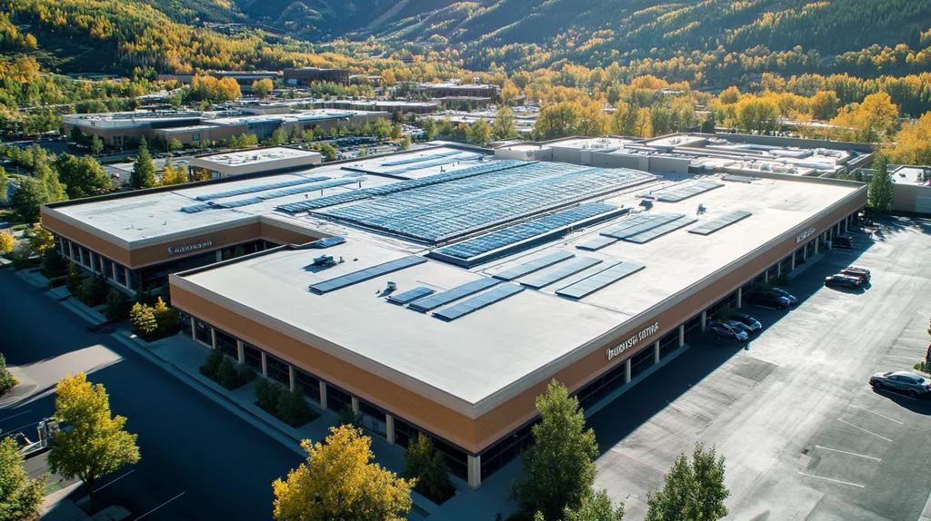 A commercial roof on a convention center in a location similar to Aspen with a cross-processed look aesthetic (AI image)