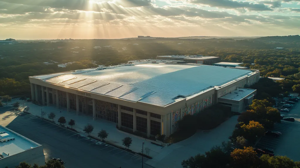 A commercial roof on a convention center in a location similar to Austin with a light beams aesthetic (AI image)