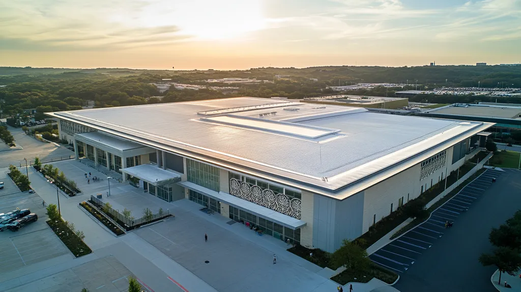 A commercial roof on a convention center in a location similar to Austin with a light beams aesthetic (AI image)