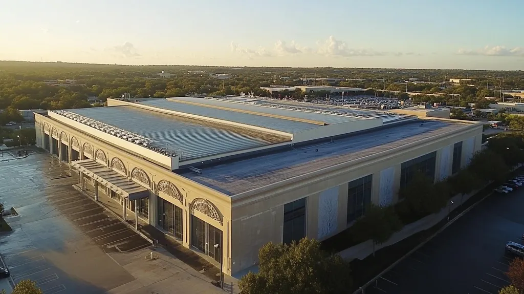 A commercial roof on a convention center in a location similar to Austin with a rainy day aesthetic (AI image)