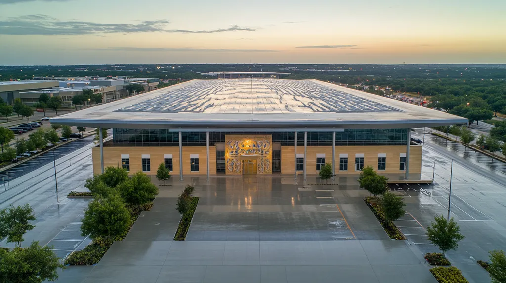A commercial roof on a convention center in a location similar to Austin with a rainy day aesthetic (AI image)