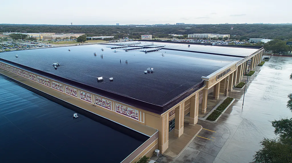 A commercial roof on a convention center in a location similar to Austin with a rainy day aesthetic (AI image)