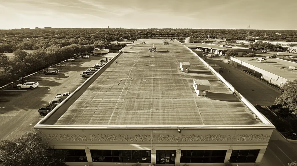 A commercial roof on a convention center in a location similar to Austin with a tintype aesthetic (AI image)