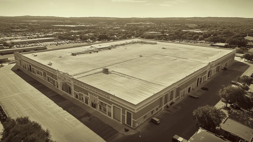 A commercial roof on a convention center in a location similar to Austin with a tintype aesthetic (AI image)