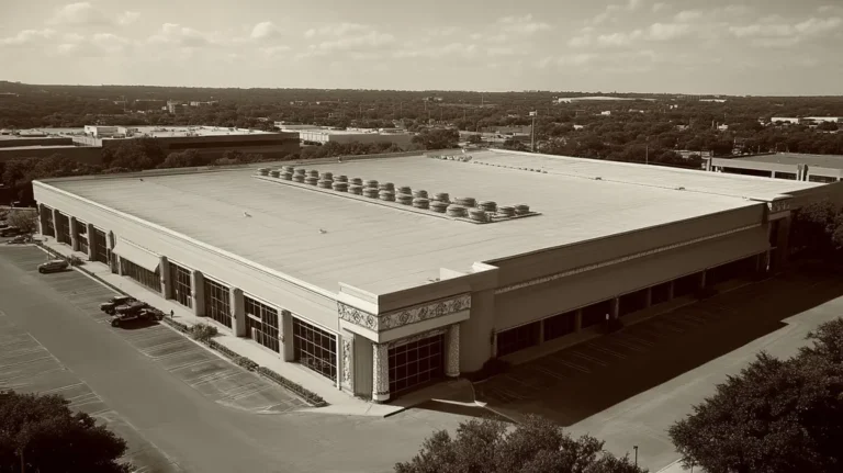 A commercial roof on a convention center in a location similar to Austin with a tintype aesthetic (AI image)