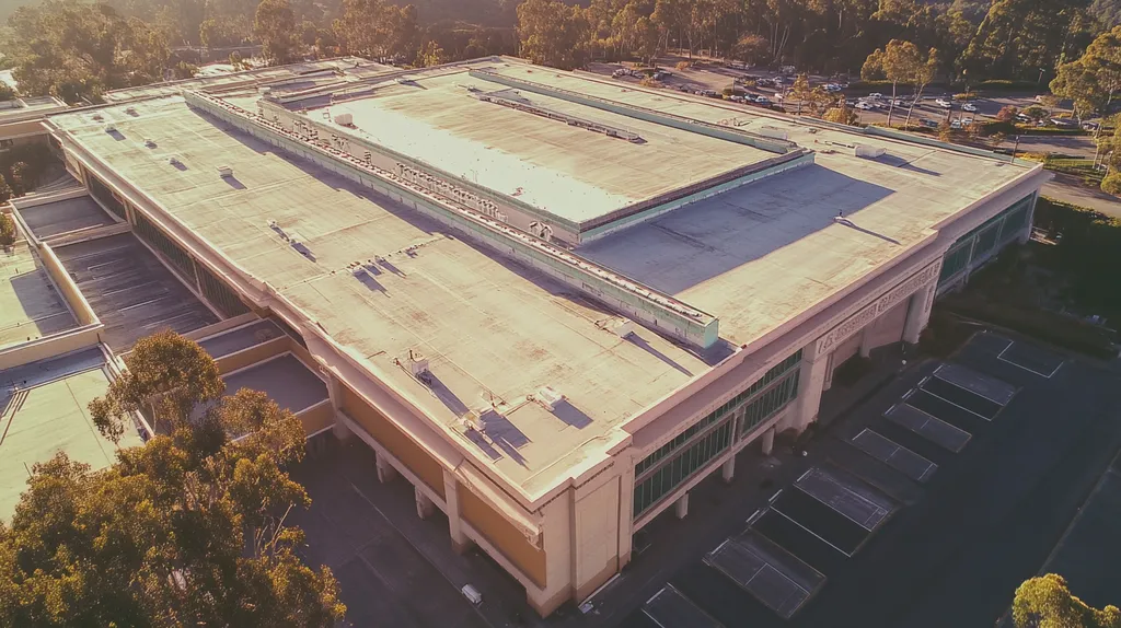 A commercial roof on a convention center in a location similar to Big Sur with a Polaroid aesthetic (AI image)