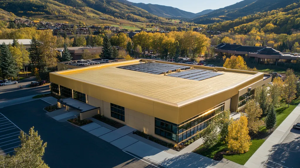 A commercial roof on a data center in a location similar to Aspen with a solid gold aesthetic (AI image)