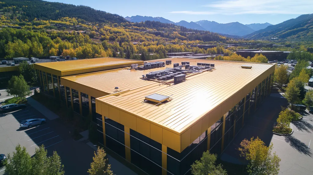 A commercial roof on a data center in a location similar to Aspen with a solid gold aesthetic (AI image)
