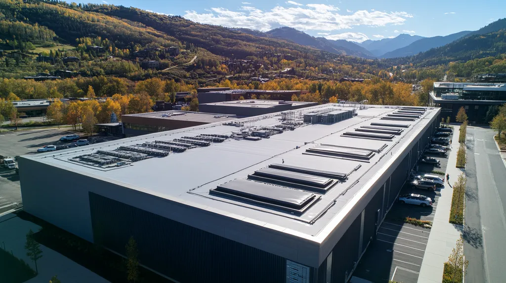 A commercial roof on a data center in a location similar to Aspen with an urban context aesthetic (AI image)