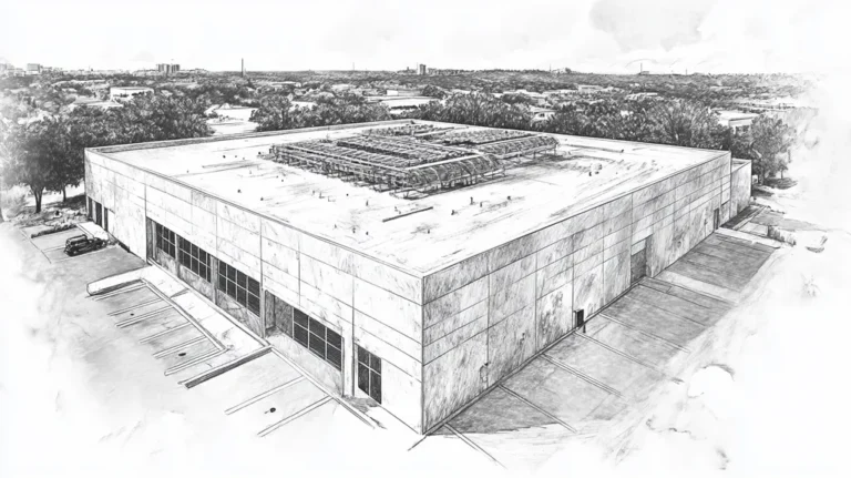 A commercial roof on a data center in a location similar to Austin with a charcoal sketch aesthetic (AI image)