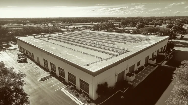 A commercial roof on a data center in a location similar to Tampa with a tintype aesthetic (AI image)