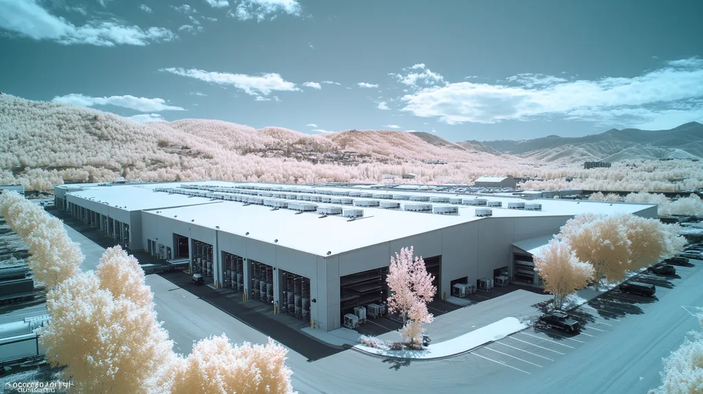 A commercial roof on a distribution center in a location similar to Aspen with an infrared photography aesthetic (AI image)
