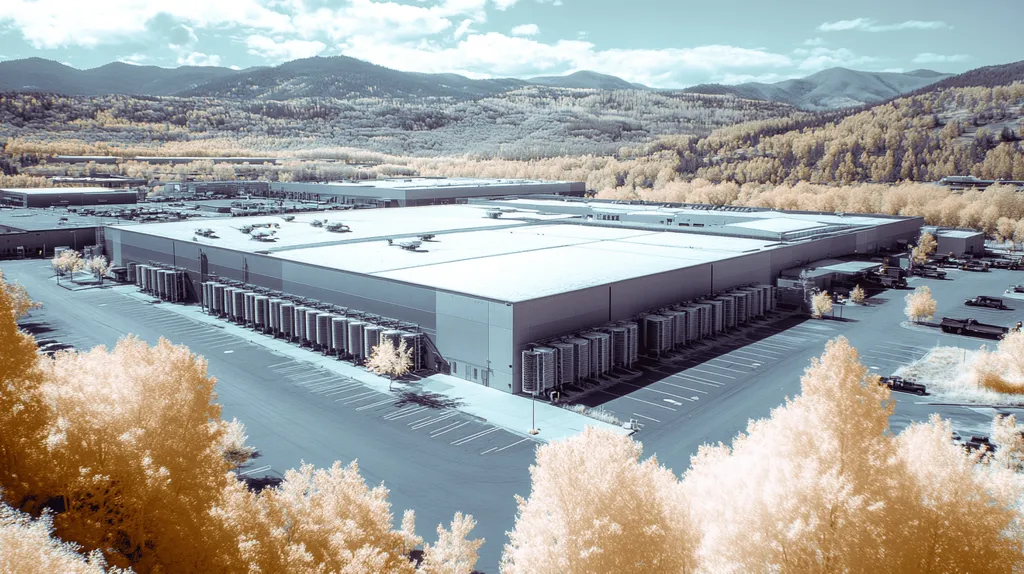 A commercial roof on a distribution center in a location similar to Aspen with an infrared photography aesthetic (AI image)