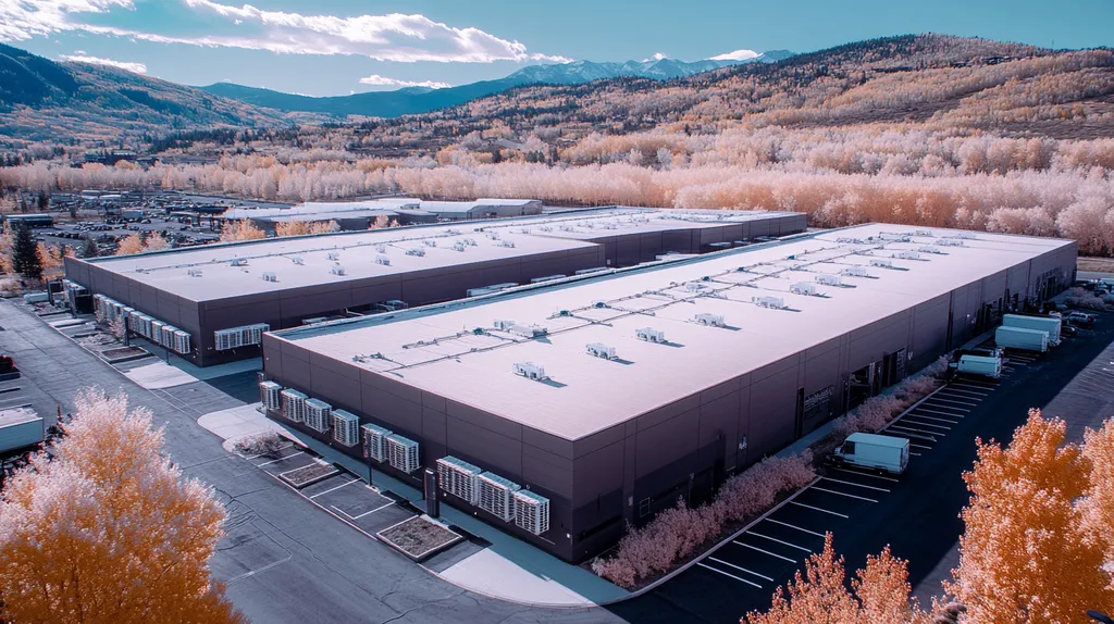 A commercial roof on a distribution center in a location similar to Aspen with an infrared photography aesthetic (AI image)