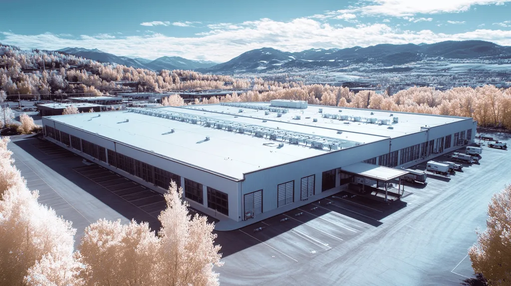 A commercial roof on a distribution center in a location similar to Aspen with an infrared photography aesthetic (AI image)