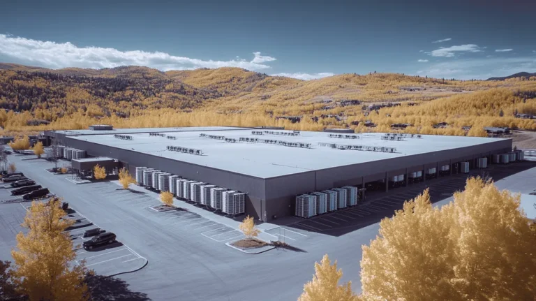 A commercial roof on a distribution center in a location similar to Aspen with an infrared photography aesthetic (AI image)