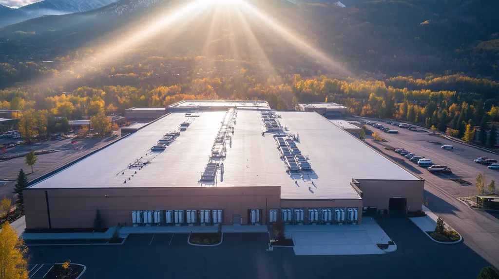 A commercial roof on a distribution center in a location similar to Aspen with a light beams aesthetic (AI image)