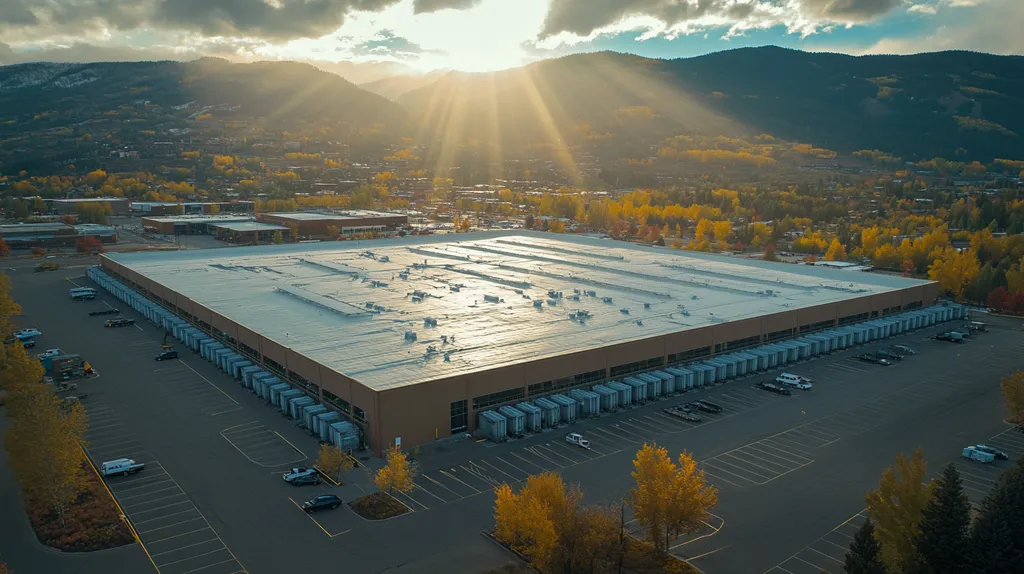 A commercial roof on a distribution center in a location similar to Aspen with a light beams aesthetic (AI image)