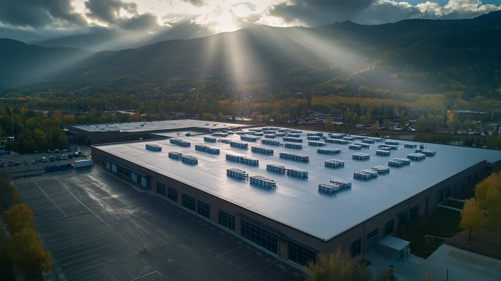 A commercial roof on a distribution center in a location similar to Aspen with a light beams aesthetic (AI image)